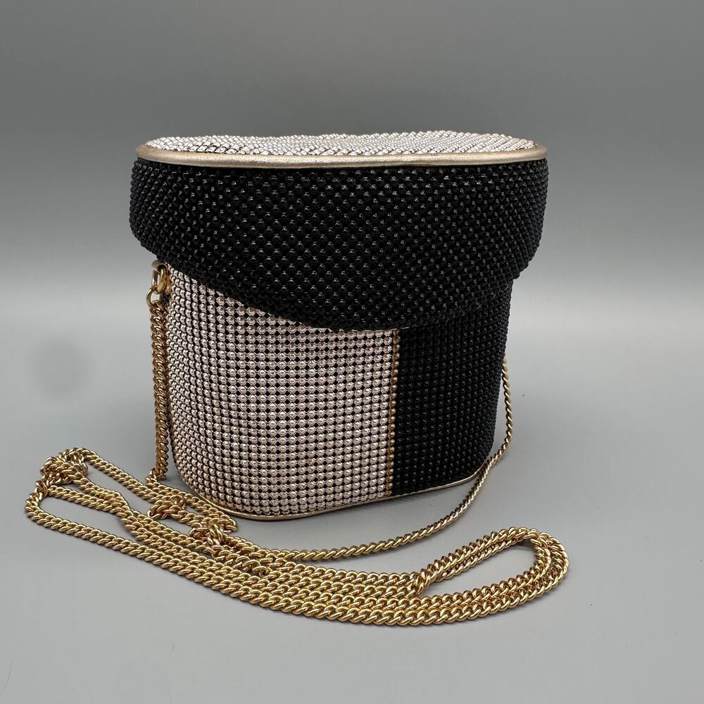 Whiting & Davis Silver Black Metal Mesh Crossbody Purse Evening Bag Made in USA